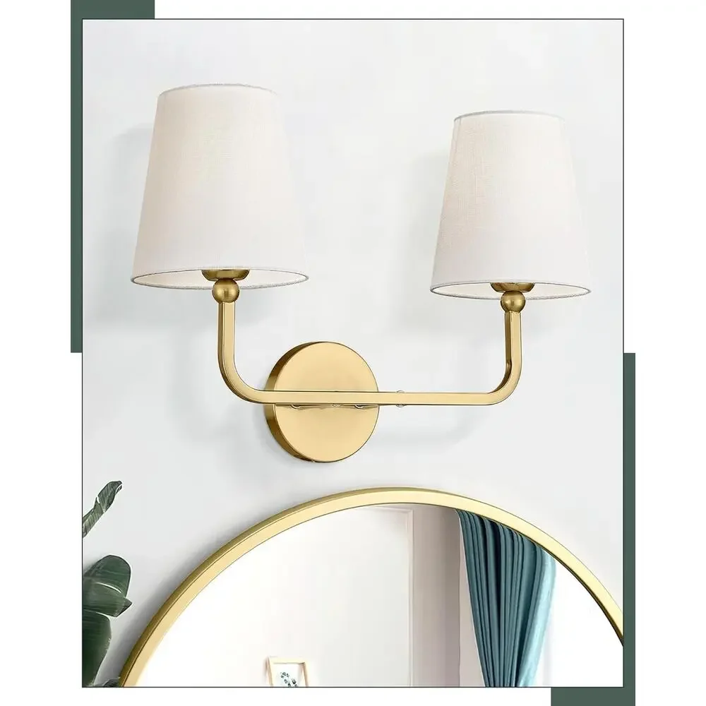 Brushed Gold 2-Light Bathroom Vanity Sconce with Beige Fabric Shade